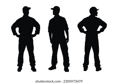 Male carpenter silhouette set vector on a white background. Male workers wearing uniforms and standing in different positions. Anonymous carpenter men wearing caps, silhouette bundles.