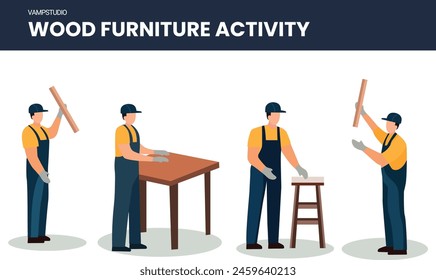 Male carpenter work In carpentry workshop. Isolated carpenter wearing uniform and protective helm, man at job making furniture.