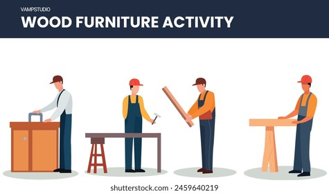 Male carpenter work In carpentry workshop. Isolated carpenter wearing uniform and protective helm, man at job making furniture.