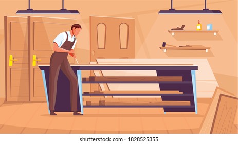 Male carpenter working at door manufacturing workshop flat vector illustration