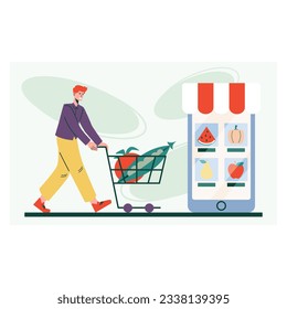 Male carry cart with tomatoes and peas, order vegetables online. Buying and choose different healthy food. Online order and food delivery concept. Flat vector illustration in cartoon style