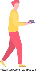 Male carry dish with chocolate cheesecake, smiling man character hold piece cake on blue plate cartoon vector illustration, isolated on white.