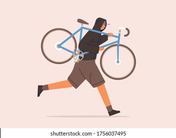 Male carrying broken bike to repair service vector flat illustration. Criminal guy in cap running with raising up bicycle during robbery isolated on white background. Man in hoodie stealing vehicle