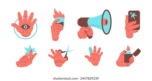 Male cartoon arm different gesture holding showing stuff set icon vector flat illustration. Human hands all seeing eye alcohol loudspeaker smartphone click snap barber scissors finger band lighter