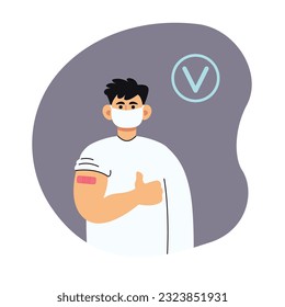 Male cartoon character after getting vaccine shot. Successful vaccination in arm. Man in mask after receiving injection. Prevention of viral, infectious diseases