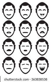 Male cartoon character facial expressions with different shapes of eyes and mouths to depict various feelings and emotions. Set of twelve vector icons isolated on white background.