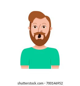 Male cartoon character. Flat style emotion young beard men avatar. Colorful vector illustration of isolated guy face: surprised, 