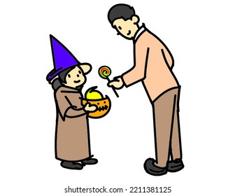 male cartoon character gives candy on Halloween day