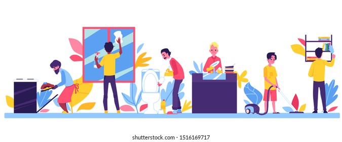 Male cartoon character in householding routine cleaning his house and cooking. Housework chores of man flat vector illustrations set isolated on white background.