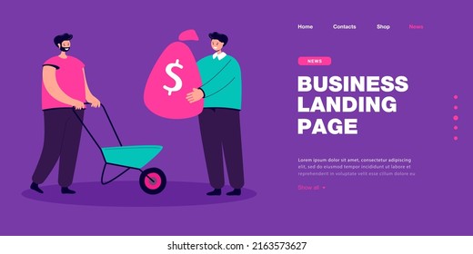 Male cartoon character investing in agriculture. Man putting big sack of money into wheelbarrow flat vector illustration. Finances, investment, teamwork, agriculture concept for banner or landing page