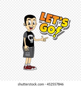 male cartoon character let's go text theme vector art illustration