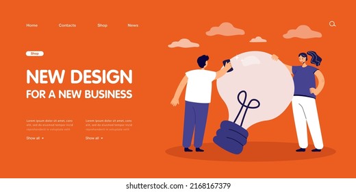 Male cartoon character polishing lightbulb. Colleague or friend improving new idea of woman flat vector illustration. Innovation, startup, teamwork concept for banner, website design or landing page