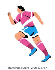 Male cartoon character running in sports uniform. Football player on soccer field in action. Isolated footballer in jersey performing in game, championship or tournament. Vector in flat style