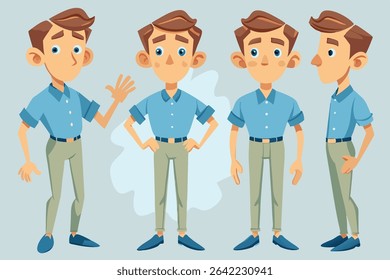 Male cartoon character set – flat vector illustration with multiple angles, facial expressions, and poses – ideal for animation, games, or design projects.
