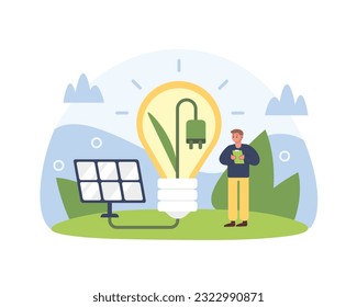 Male cartoon character showing alternative sources of energy. Solar panel accumulates energy, transforms light into electricity. Modern ways of using natural resources
