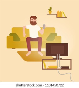 Male cartoon character sitting on cozy couch in front of television set, drinking beer and having fun at home. Young bearded man on comfortable sofa watching TV. Flat colorful vector illustration