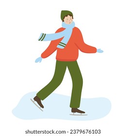 Caricatura masculina sobre patinaje sobre hielo. Hombre con ropa de invierno y patines de hielo disfrutando de actividades deportivas al aire libre. Ilustración vectorial plana dibujada a mano. Hobby estacional de invierno