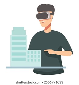 Male cartoon character uses vr headset to interact with a 3d building model