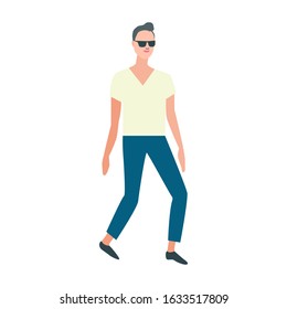  Male cartoon character walking in sun glasses. Trendy flat vector illustration. Young man student character. White background isolated.