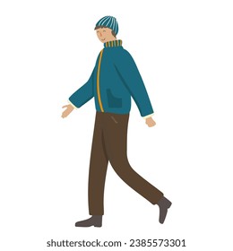 Male cartoon character walking wearing warm clothes. Cheerful man in jacket and beanie hat going outdoors. Hand drawn flat vector illustration. Cold autumn winter season