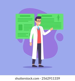 Male cartoon character in white coat looking at patients X-ray photos vector illustration. Doctor studying medical records, working in hospital. Modern medicine, treatment and healthcare concept