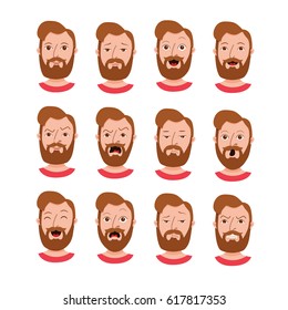 Male cartoon characters collection. Flat style emotion young beard men avatars set. Colorful vector illustration of isolated guy faces different expressions: smiling, sad, surprised, crying, happy.