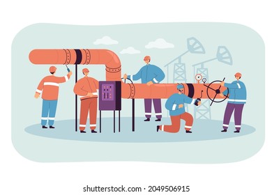 Male cartoon characters in uniforms repairing oil pipeline. Men fixing and controlling gas leaks flat vector illustration. Technology, industry concept for banner, website design or landing web page