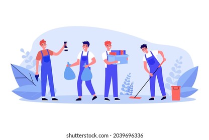 Male cartoon cleaners in uniform cleaning house or office. Men taking out trash, mopping floor flat vector illustration. Cleaning service, housework concept for banner, website design or landing page