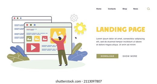 Male cartoon content creator publishing new post online. Man adding information to personal blog flat vector illustration. Digital content, social media concept website design or landing web page