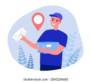 Corredor de caricaturas masculino entregando carta y paquete. Hombre sonriente con uniforme que sostiene el correo o pide ilustración vectorial plana. Concepto de servicio de entrega para banner, diseño de sitio web o página web de aterrizaje