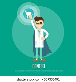 Male cartoon dentist in medical uniform and superhero blue cape holding big tooth on green background, vector illustration. Dental office banner. Oral hygiene, tooth health, dental care concept