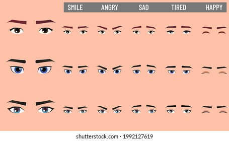 Male Cartoon Face Set Expressing Various Emotions.