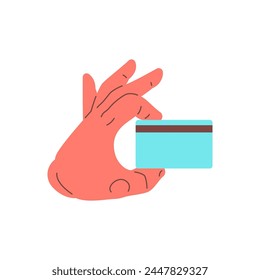 Male cartoon hand holding plastic banking card cashless payment icon vector flat illustration. Human arm showing financial contactless shopping paying e money transaction transfer technology