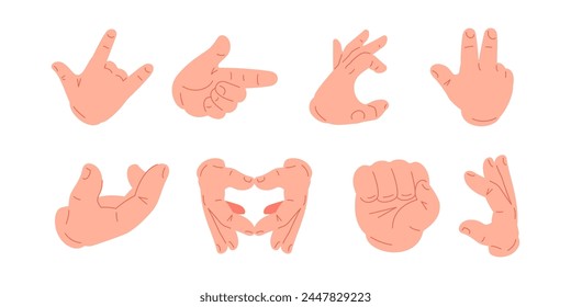 Male cartoon hands showing different gesture fingers position big set icon vector flat illustration. Human arms gesturing rock heavy metal pointing forefinger half heart shape fist asking help