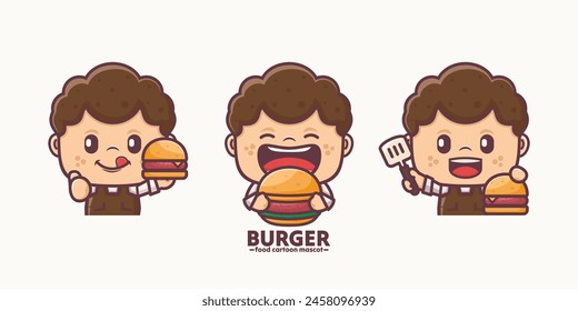 male cartoon mascot with burger, suitable for culinary identity.