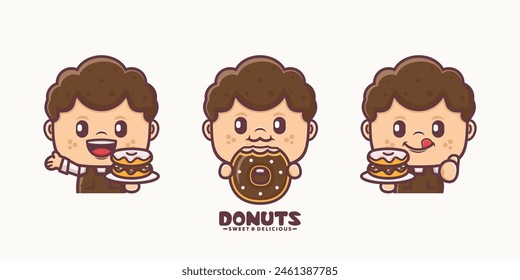 male cartoon mascot with donuts, suitable for culinary identity.