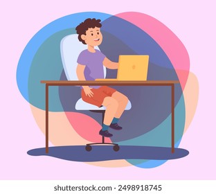 Male cartoon pupil using laptop in classroom. Schoolboy sitting at desk with computer in class flat vector illustration. Education, technology concept for banner