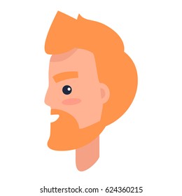 Male cartoon redhead character with beard turned in profile isolated on white background. Man head with beard and thick eyebrows that smiles vector illustration