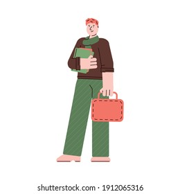 Male cartoon student standing holding books and bag isolated on white background. Young man smiling and ready for education - flat vector illustration.