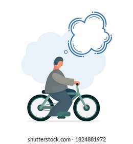 Male cartoon style abstract character with speech bubble riding bike. Part of set.