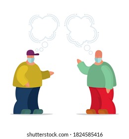 Male cartoon style abstract characters. Men in face protective face masks and speech bubbles. Social distancing and live communication concept vector illustration. Part of set.