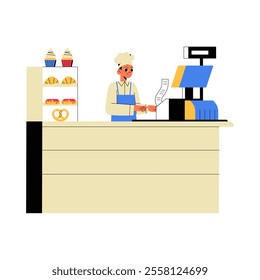 Male Cashier In Bakery Setting At Counter With Pastries In Flat Vector Illustration Symbolizing Retail, Customer Service, And Bakery Shop, Isolated On White Background