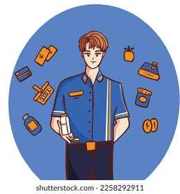 Male cashier cartoon icon illustration people profession icon concept