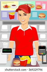 male cashier at fast food restaurant