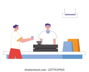 A male cashier is serving cutomers buying in a shop, working on the checkout of goods every day. Character design. Vector flat illustration