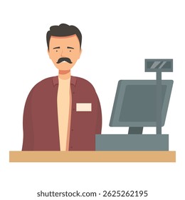Male cashier standing behind counter at the checkout working in a grocery store