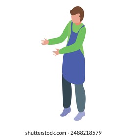 Male cashier wearing apron standing and greeting customers with open arms, modern retail concept