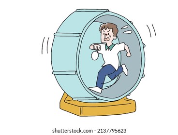 Male (casual) comical handwritten person who participated in a rat race Vector, simple color on line drawing
