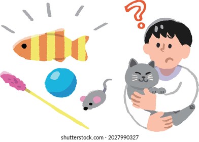 Male and cat toys hugging domestic cats with doubts