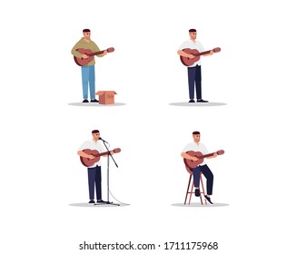 Male caucasian guitarist semi flat RGB color vector illustration set. Man stand with guitar near mic stand. Male performer play for money. White musician isolated cartoon character on white background